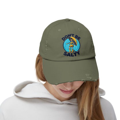 Don't Be Salty: Classic Morton's Salt Girl with Yellow Umbrella on Unisex Distressed Cap 4 Colors