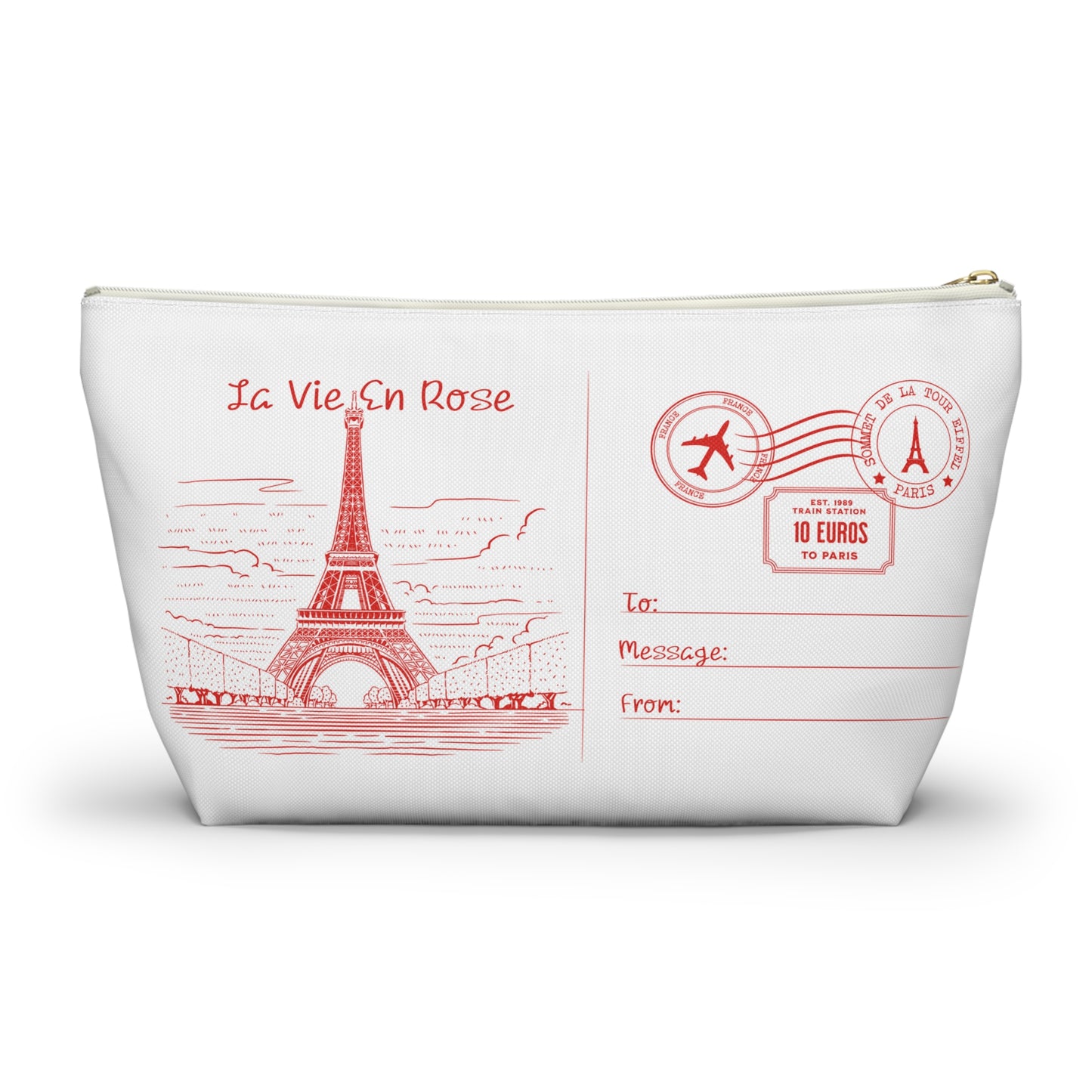 Eiffel Tower Postcard T-Pouch Cosmetic Bag - Small and Large Sizes with White Zipper