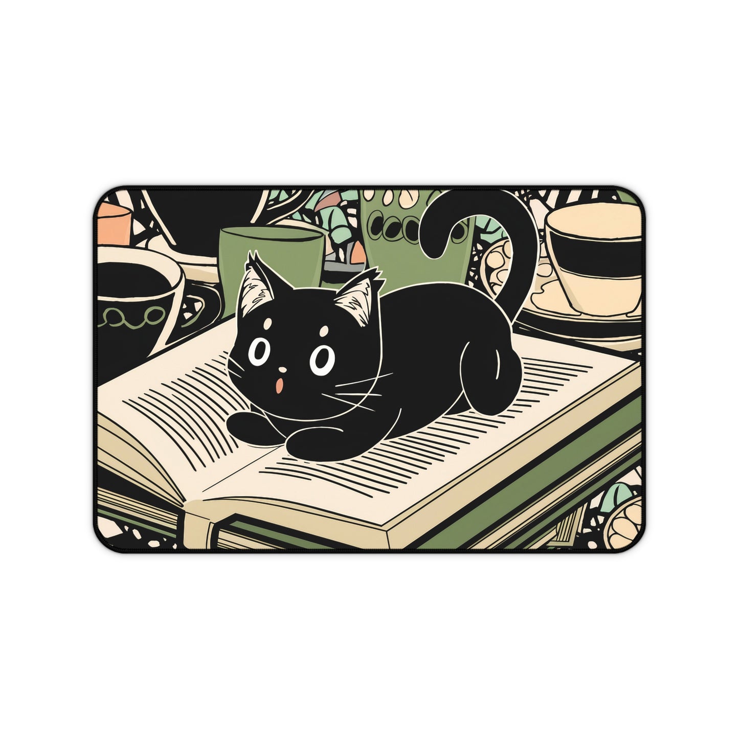 Anime-inspired Black Cat Desk Mat | Playful Illustration for Office or Gaming Available in three sizes: 12" × 18", 12" × 22", and 31" × 15.5"