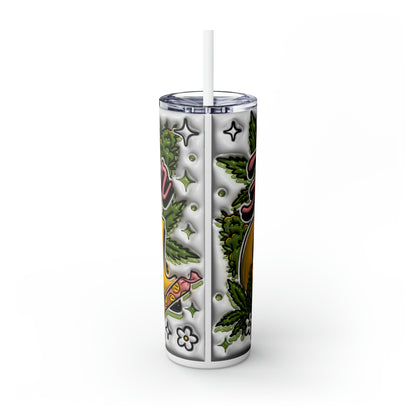 Flower Girl 3D Skinny Tumbler Design: Cannabis, Skeleton Hand, Smiley Faces & Daisies Skinny Tumbler with Straw, 20oz, White