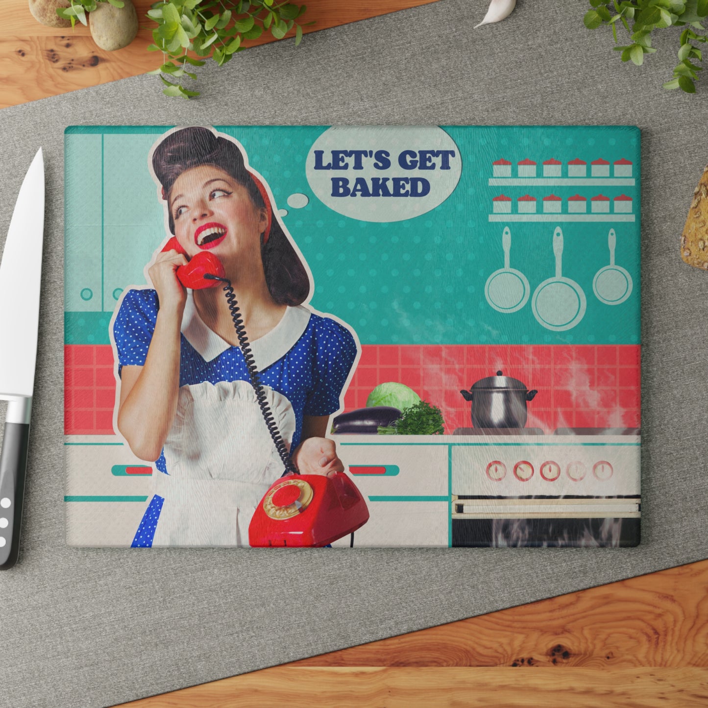 Retro 50s Housewife Cannabis Glass Cutting Board | Let's Get Baked!