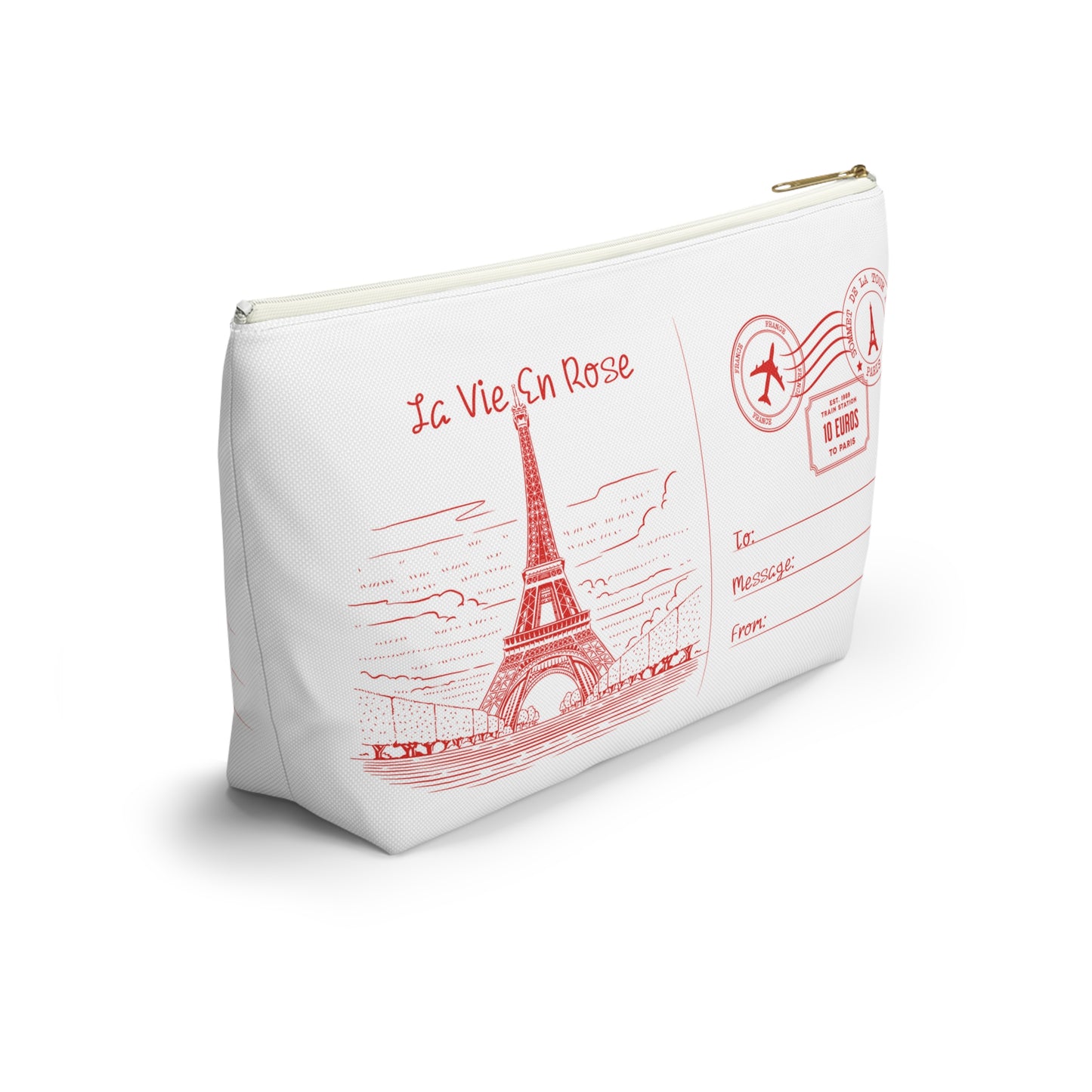 Eiffel Tower Postcard T-Pouch Cosmetic Bag - Small and Large Sizes with White Zipper