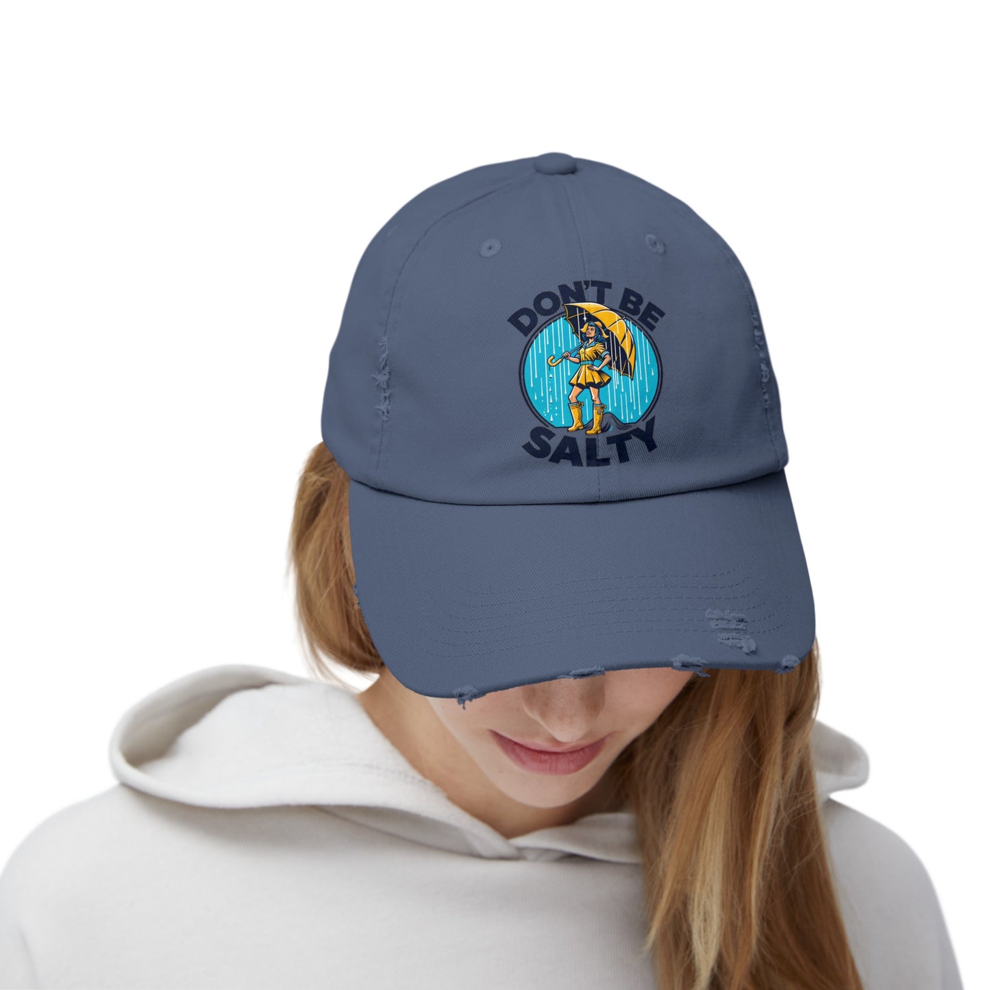 Don't Be Salty: Classic Morton's Salt Girl with Yellow Umbrella on Unisex Distressed Cap 4 Colors