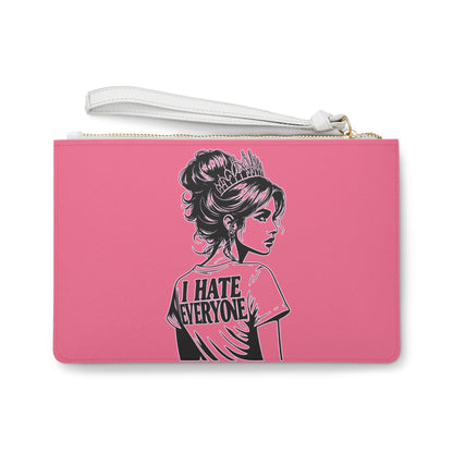 Chic Pink Saffiano Pattern Clutch Bag with Charcoal Black Art - I Hate Everyone