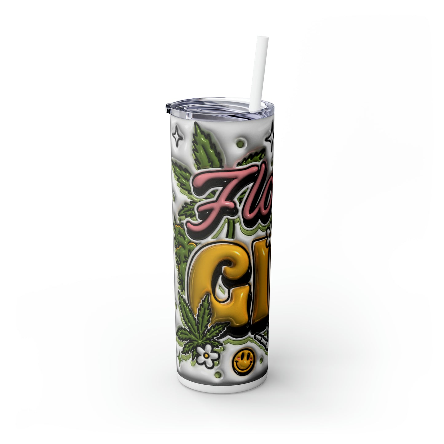 Flower Girl 3D Skinny Tumbler Design: Cannabis, Skeleton Hand, Smiley Faces & Daisies Skinny Tumbler with Straw, 20oz, White