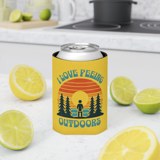 Camping 'I love peeing outdoors' Yellow Can Cooler