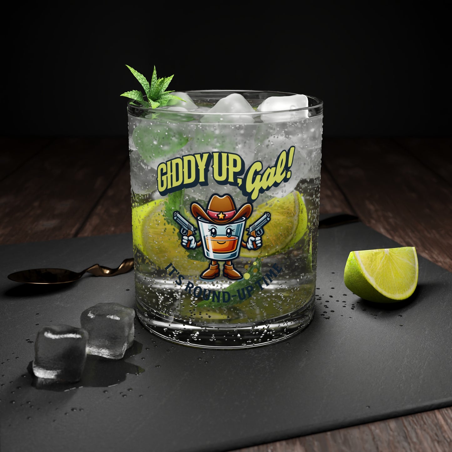 Western Cocktail Glass Set: Giddy Up Gal, Round Up Time Shooter Cocktail Glass 10oz