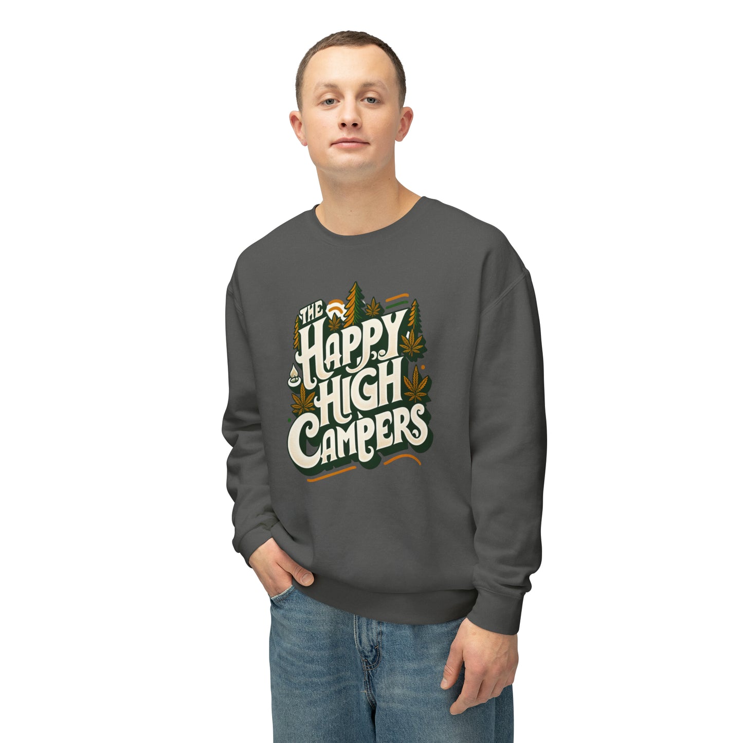 Happy High Campers Crewneck Sweatshirt: Retro Cannabis Camping Vibes Comfort Colors 1466 Unisex Lightweight Crewneck  Sweatshirt - 6 Retro Colors!