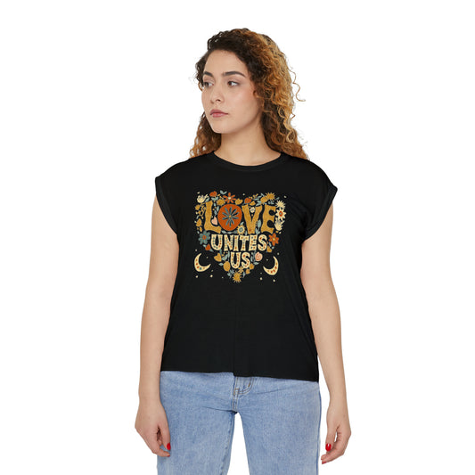 Feel the Love: Women's Flowy Rolled Cuffs Muscle Tee with Scandinavian Heart Design