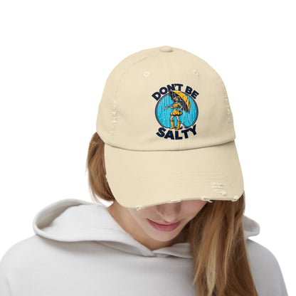 Don't Be Salty: Classic Morton's Salt Girl with Yellow Umbrella on Unisex Distressed Cap 4 Colors