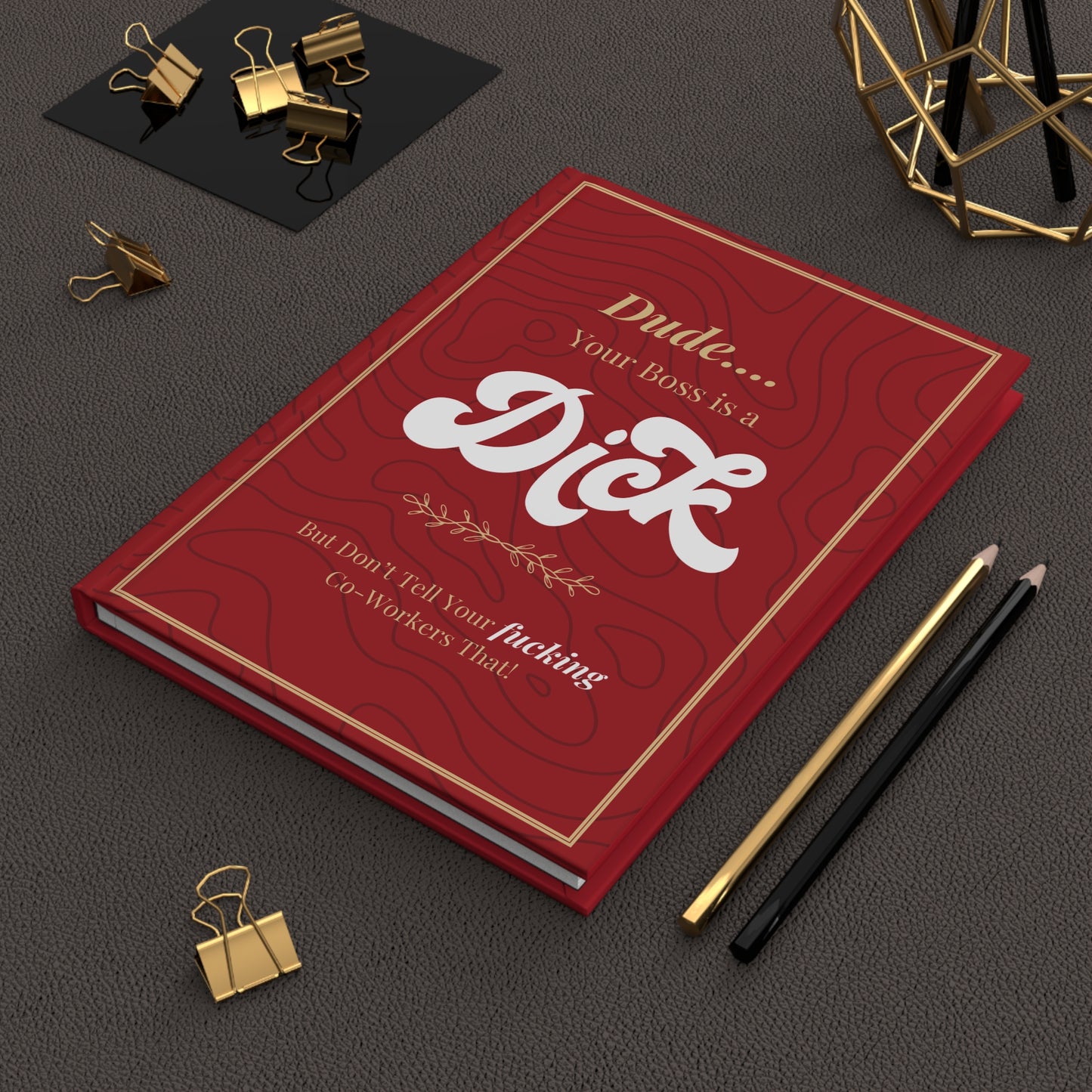 How about this: "Hey, navigate work vibes with a sleek matte-dark red hardcover journal for your thoughts and notes?"