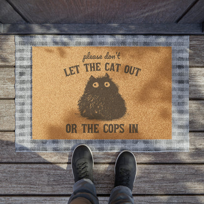 Adorable Black Cat Design Coir Door Mat - Keep Cats In, Police Out!