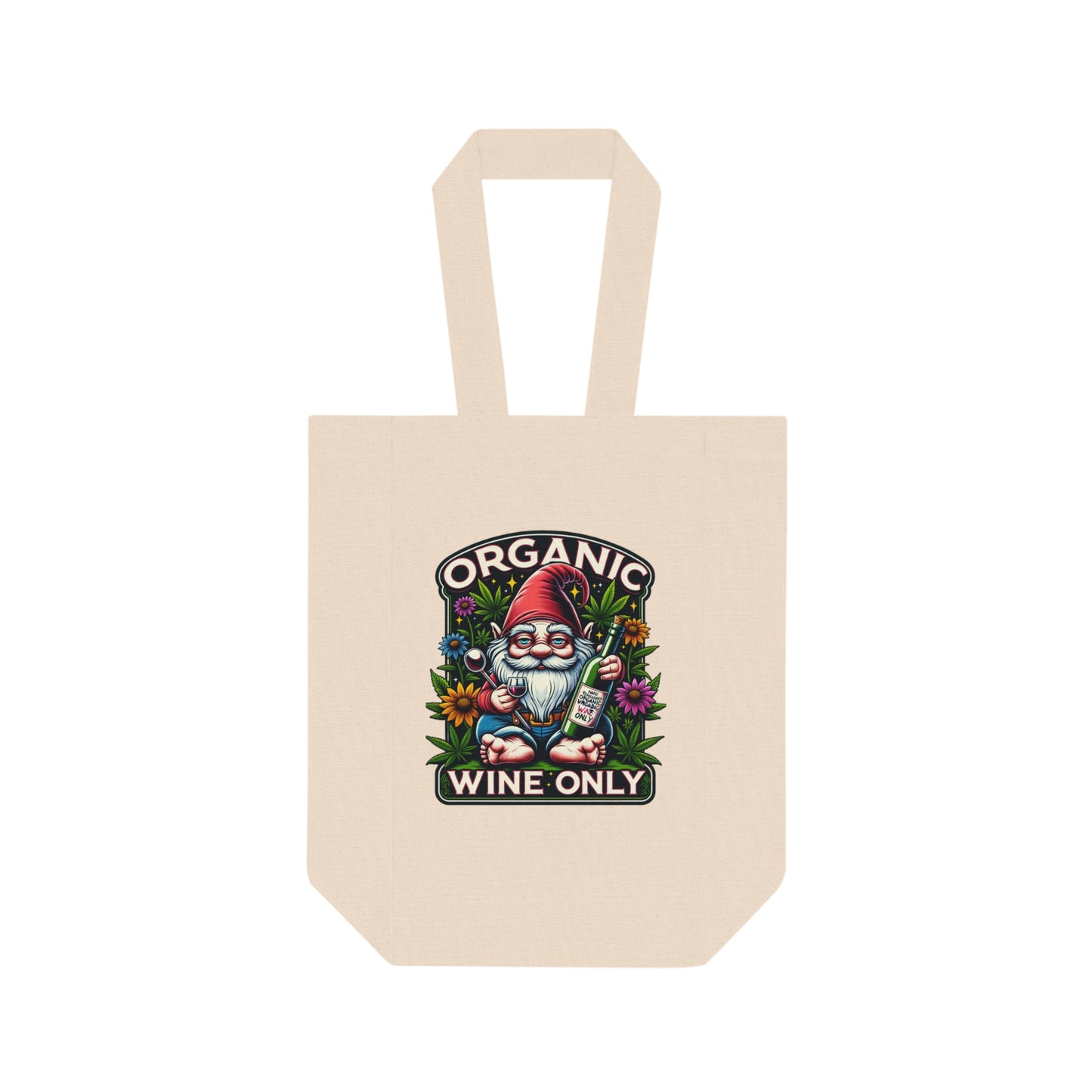 Drunken Cannabis Gnome Double Wine Tote Bag - Organic Wine Only - 100% Cotton Canvas