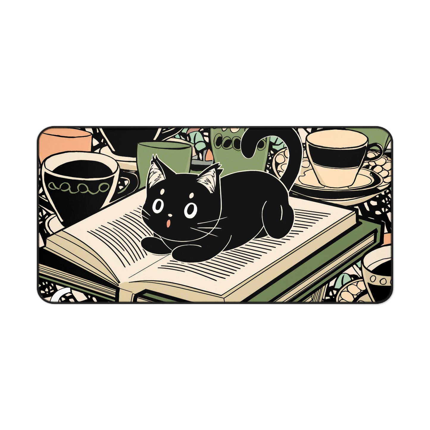 Anime-inspired Black Cat Desk Mat | Playful Illustration for Office or Gaming Available in three sizes: 12" × 18", 12" × 22", and 31" × 15.5"