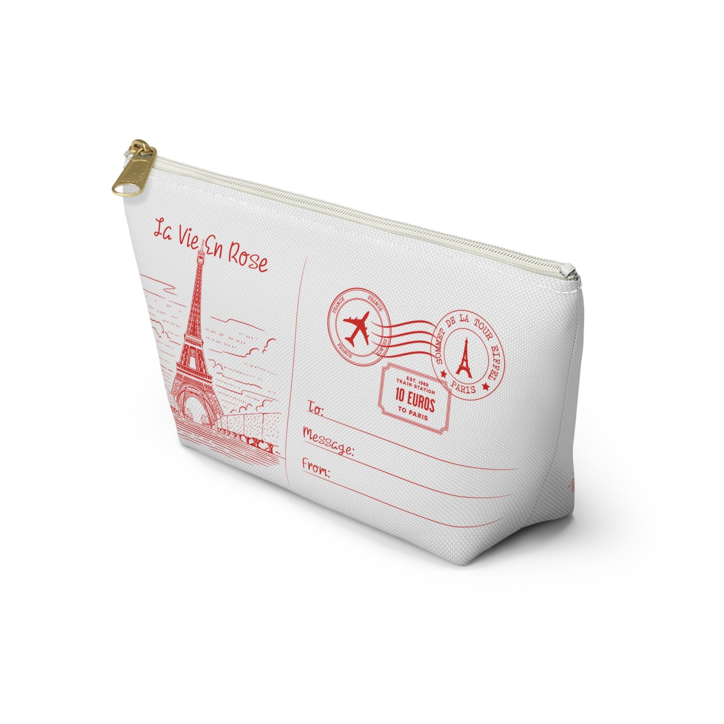 Eiffel Tower Postcard T-Pouch Cosmetic Bag - Small and Large Sizes with White Zipper