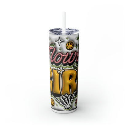 Flower Girl 3D Skinny Tumbler Design: Cannabis, Skeleton Hand, Smiley Faces & Daisies Skinny Tumbler with Straw, 20oz, White