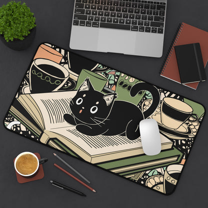 Anime-inspired Black Cat Desk Mat | Playful Illustration for Office or Gaming Available in three sizes: 12" × 18", 12" × 22", and 31" × 15.5"