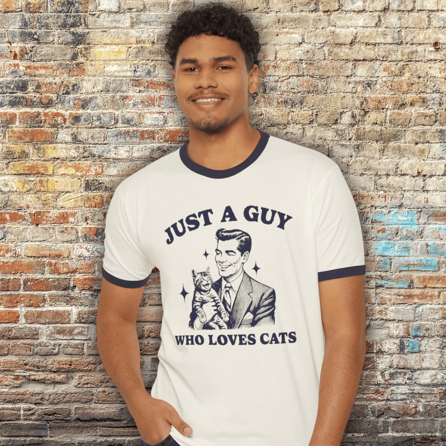 Retro Just A Guy Who Loves Cats: Next Level 3604 Unisex Ringer T-Shirt