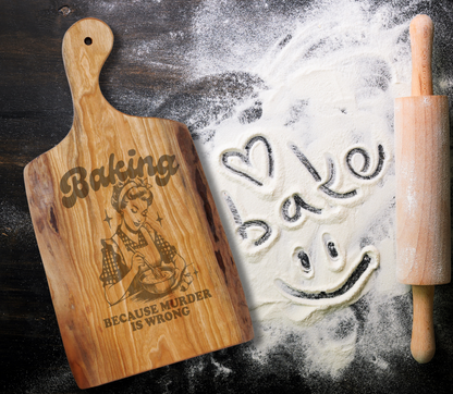 Premium Cherry Wood Live Edge Serving Board - 'Baking because murder is wrong' Design Laser Engraving