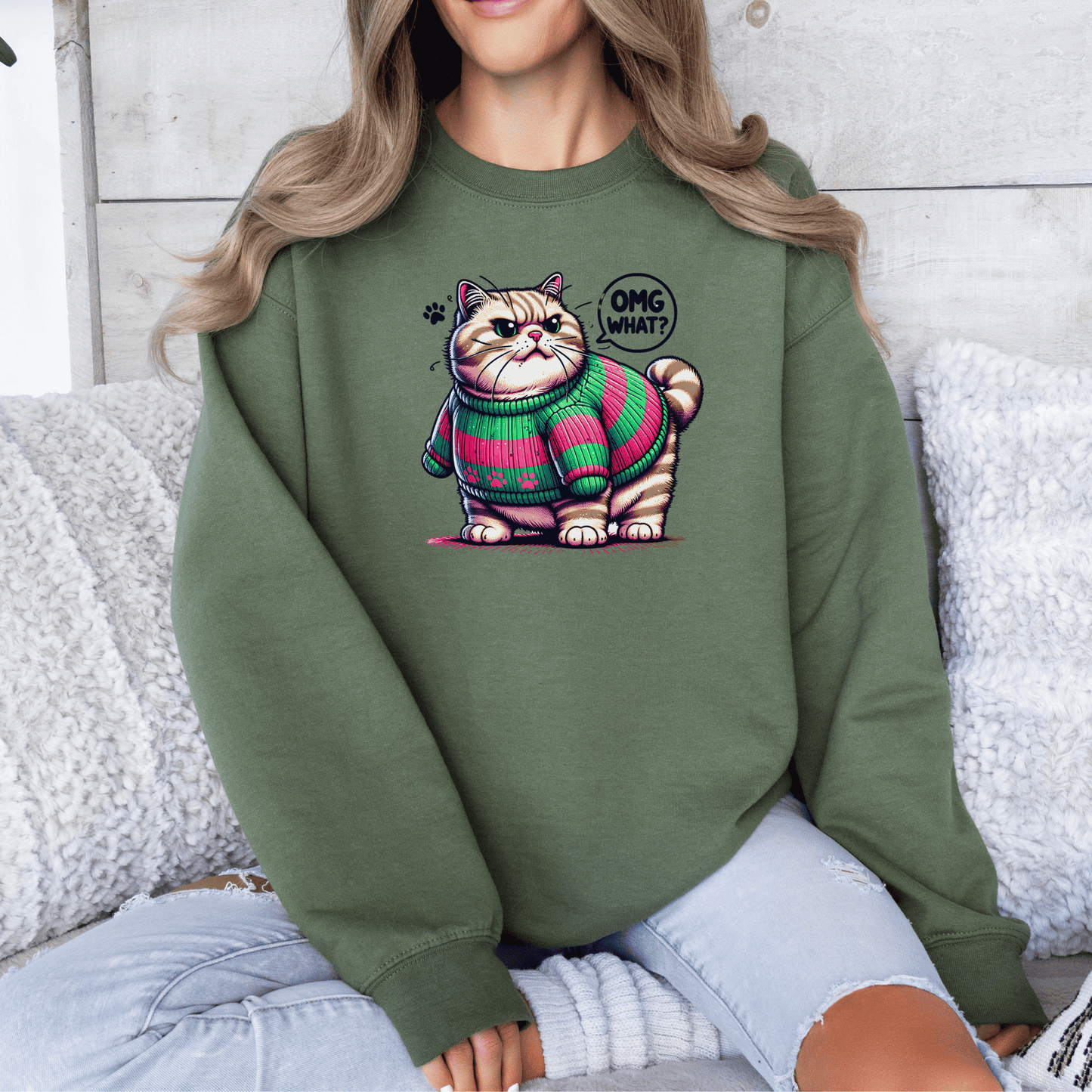 Grumpy Fat Cat Sweatshirt: OMG, WHAT? Unisex Heavy Blend™ Crewneck