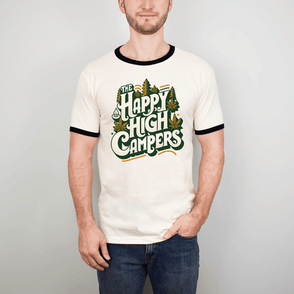 Happy High Campers Ringer T-Shirt: Retro Cannabis Camping Unisex Cotton Ringer T-Shirt