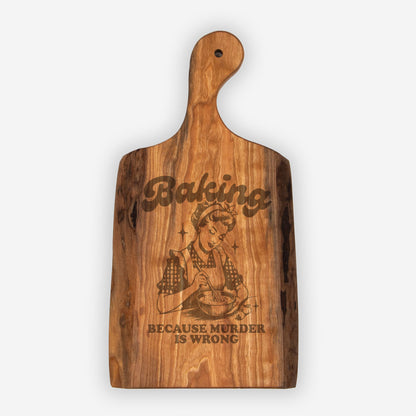 Premium Cherry Wood Live Edge Serving Board - 'Baking because murder is wrong' Design Laser Engraving