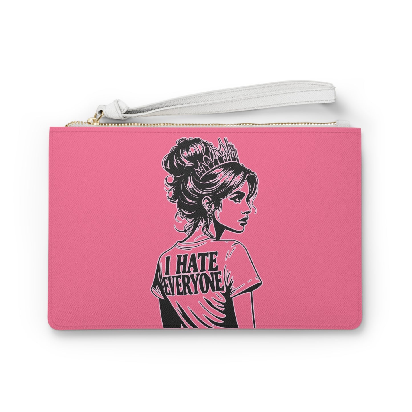 Chic Pink Saffiano Pattern Clutch Bag with Charcoal Black Art - I Hate Everyone