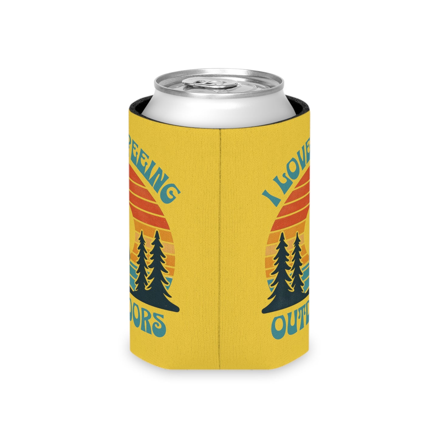 Camping 'I love peeing outdoors' Yellow Can Cooler