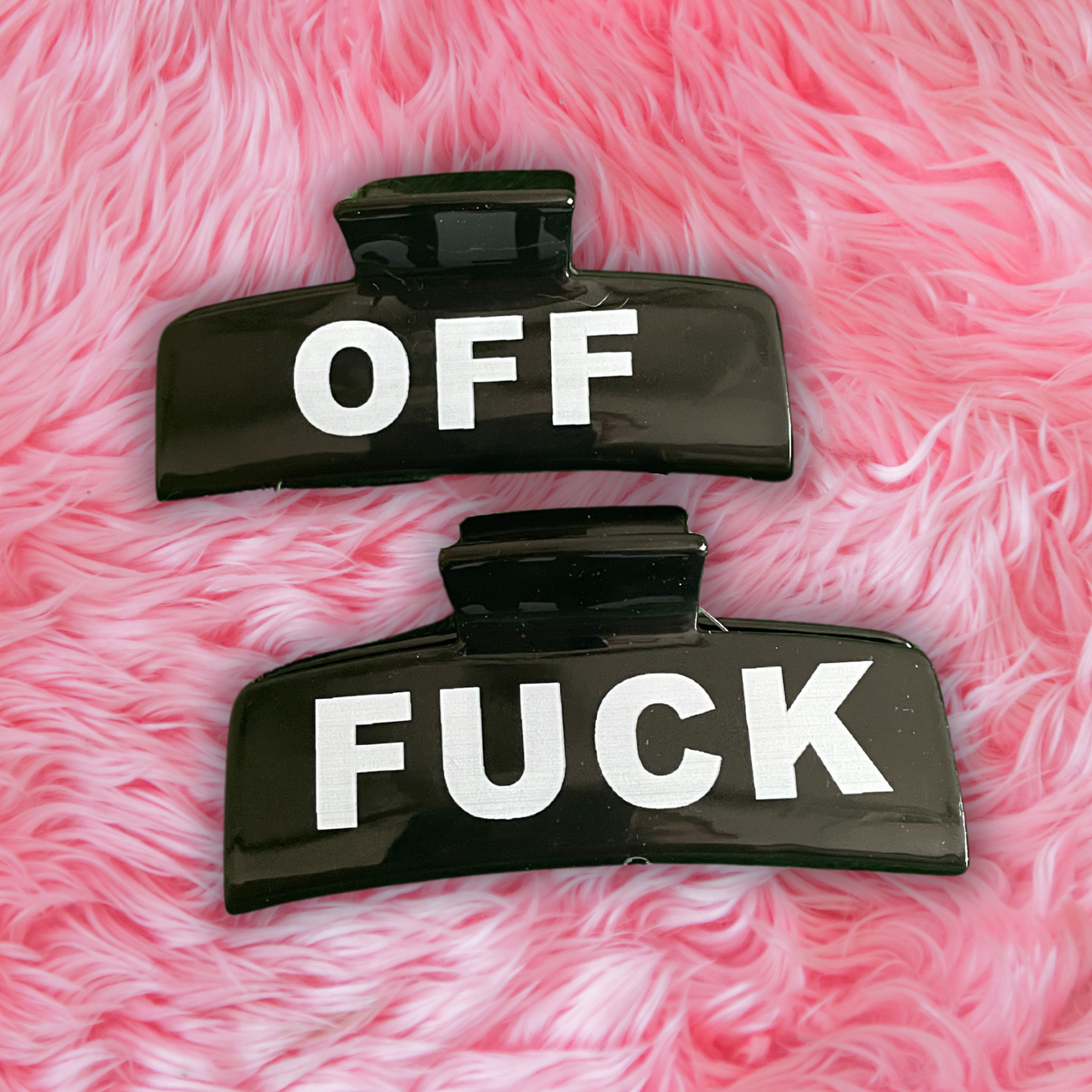 Bold Black Fuck Off Hair Clip in Velvet Moon & Stars Jewelry Pouch – 3.8" Oversized Rectangle Claw