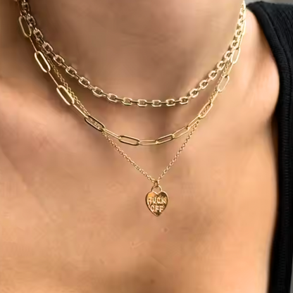 Fuck Off Gold & Silver Heart Pendant Necklace | Bold Statement Jewelry with Velvet Gift Bag