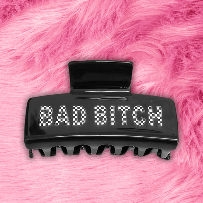 Checker 'Bad Bitch' Acrylic Hair Clip with Velvet Moon Star Gift Bag - Bold Gift for Confident Women