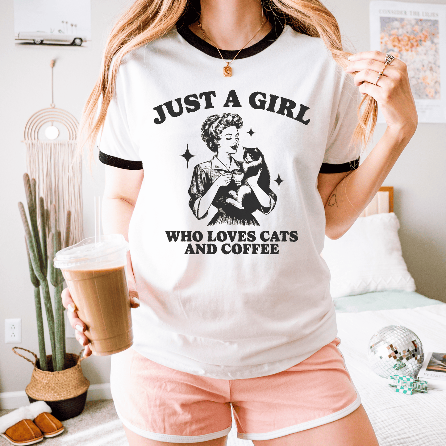 1950s Vintage Housewife Cat & Coffee Tee | Just a Girl's Retro Charm Unisex Cotton Ringer T-Shirt