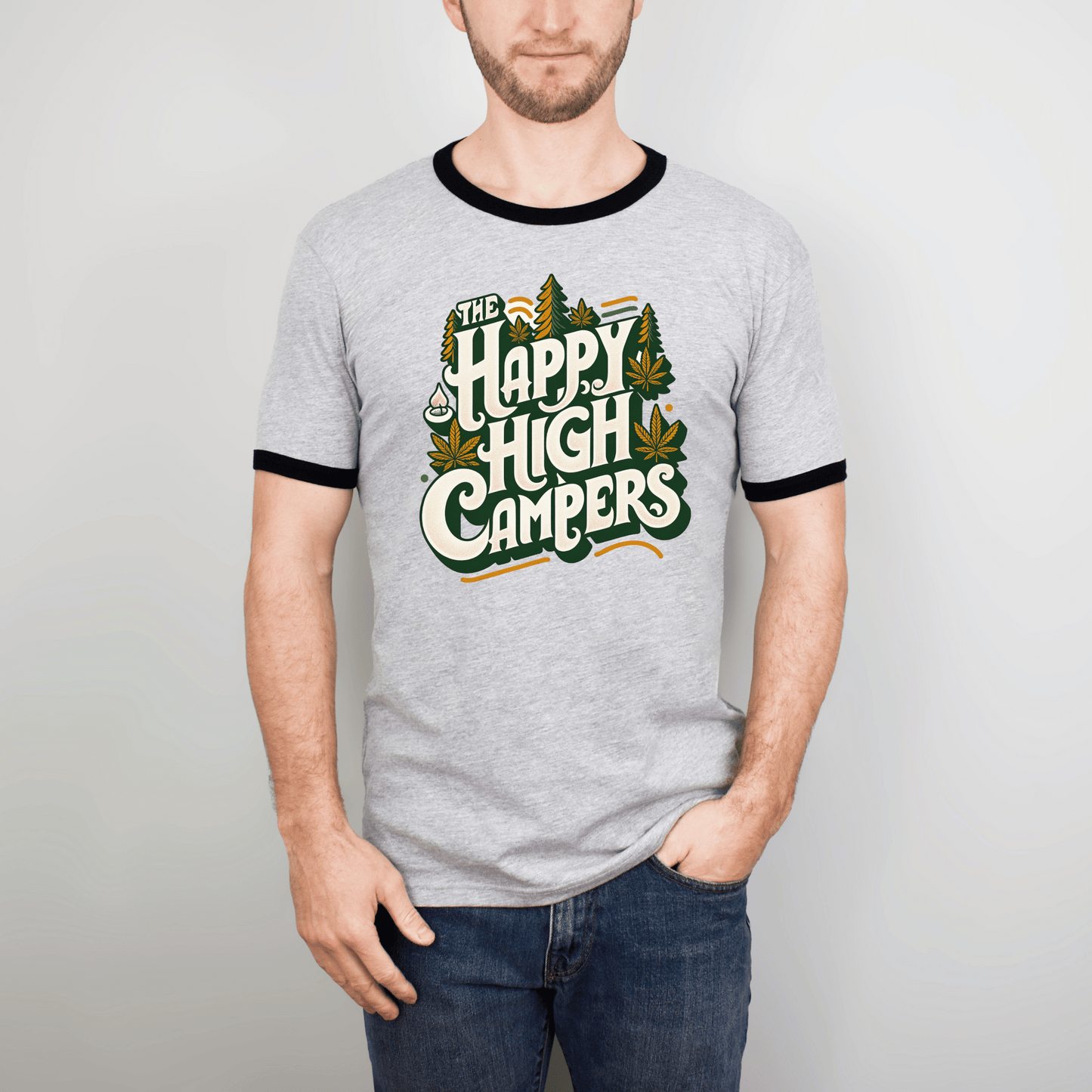 Happy High Campers Ringer T-Shirt: Retro Cannabis Camping Unisex Cotton Ringer T-Shirt