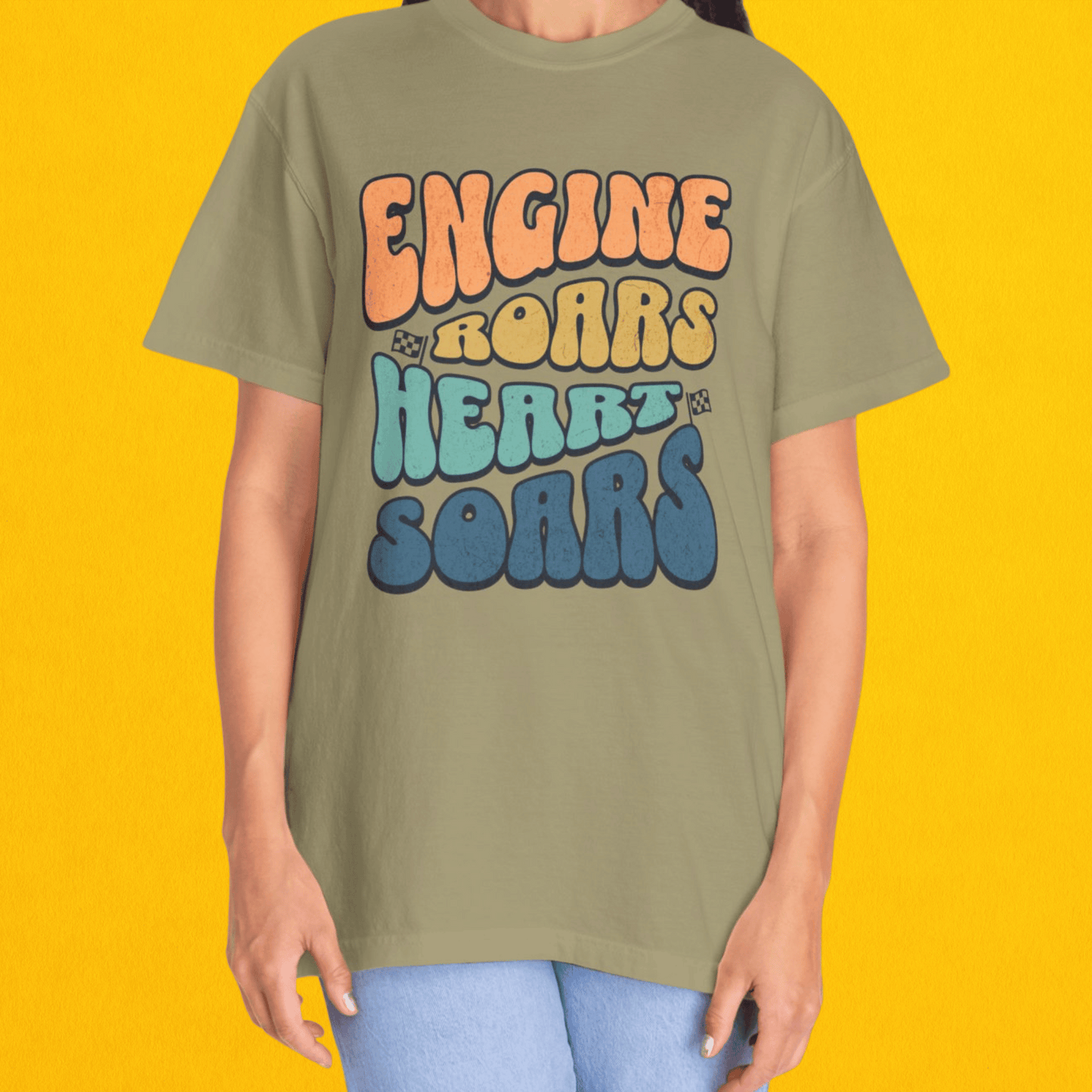 Rev Up in Style Drag Racing Oversized Shirt - Engine Roars, Heart Soars I 6 Retro Colors Unisex Garment-Dyed Comfort Colors 1717 T-shirt