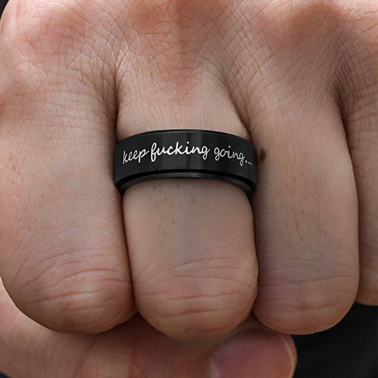 Keep Fucking Going Spinner Ring | Silver & Black Stainless Steel Anxiety Ring Includes a Novel Ring Gift Box