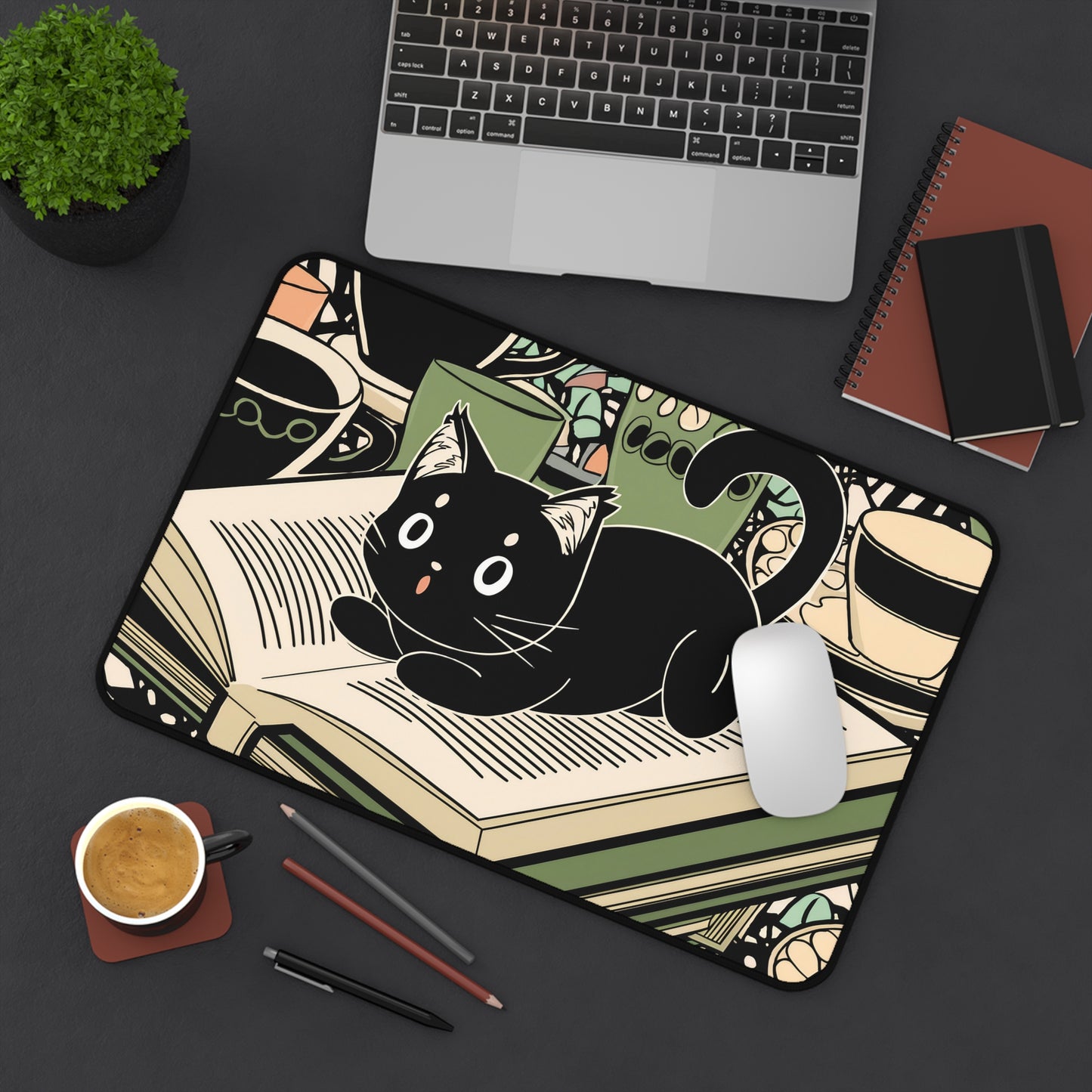 Anime-inspired Black Cat Desk Mat | Playful Illustration for Office or Gaming Available in three sizes: 12" × 18", 12" × 22", and 31" × 15.5"