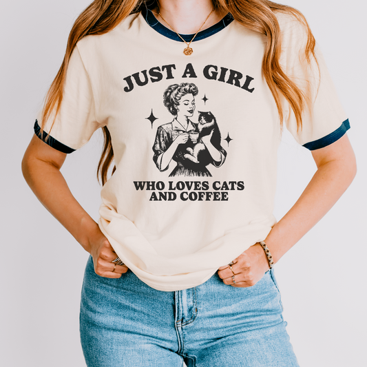 1950s Vintage Housewife Cat & Coffee Tee | Just a Girl's Retro Charm Unisex Cotton Ringer T-Shirt