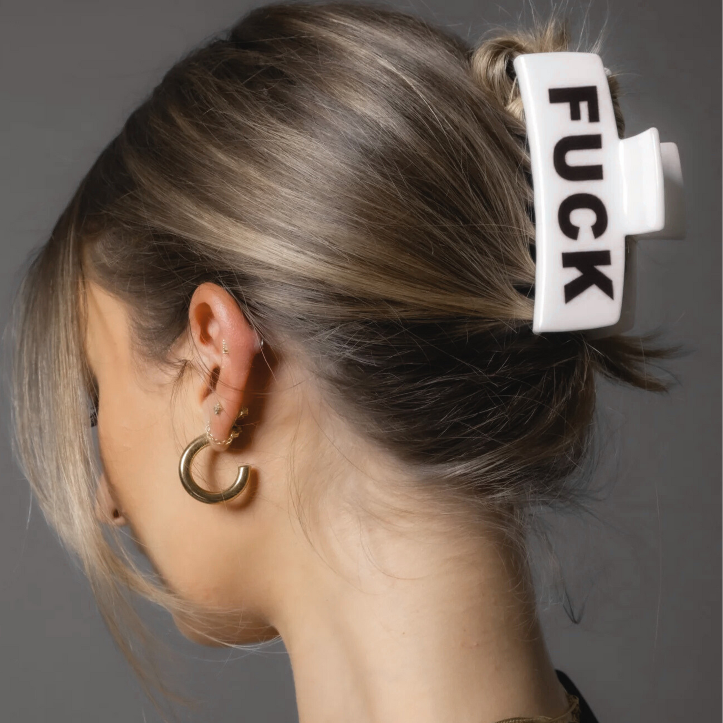 Bold Black Fuck Off Hair Clip in Velvet Moon & Stars Jewelry Pouch – 3.8" Oversized Rectangle Claw