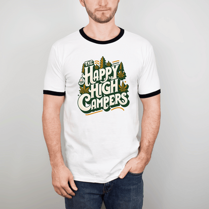 Happy High Campers Ringer T-Shirt: Retro Cannabis Camping Unisex Cotton Ringer T-Shirt