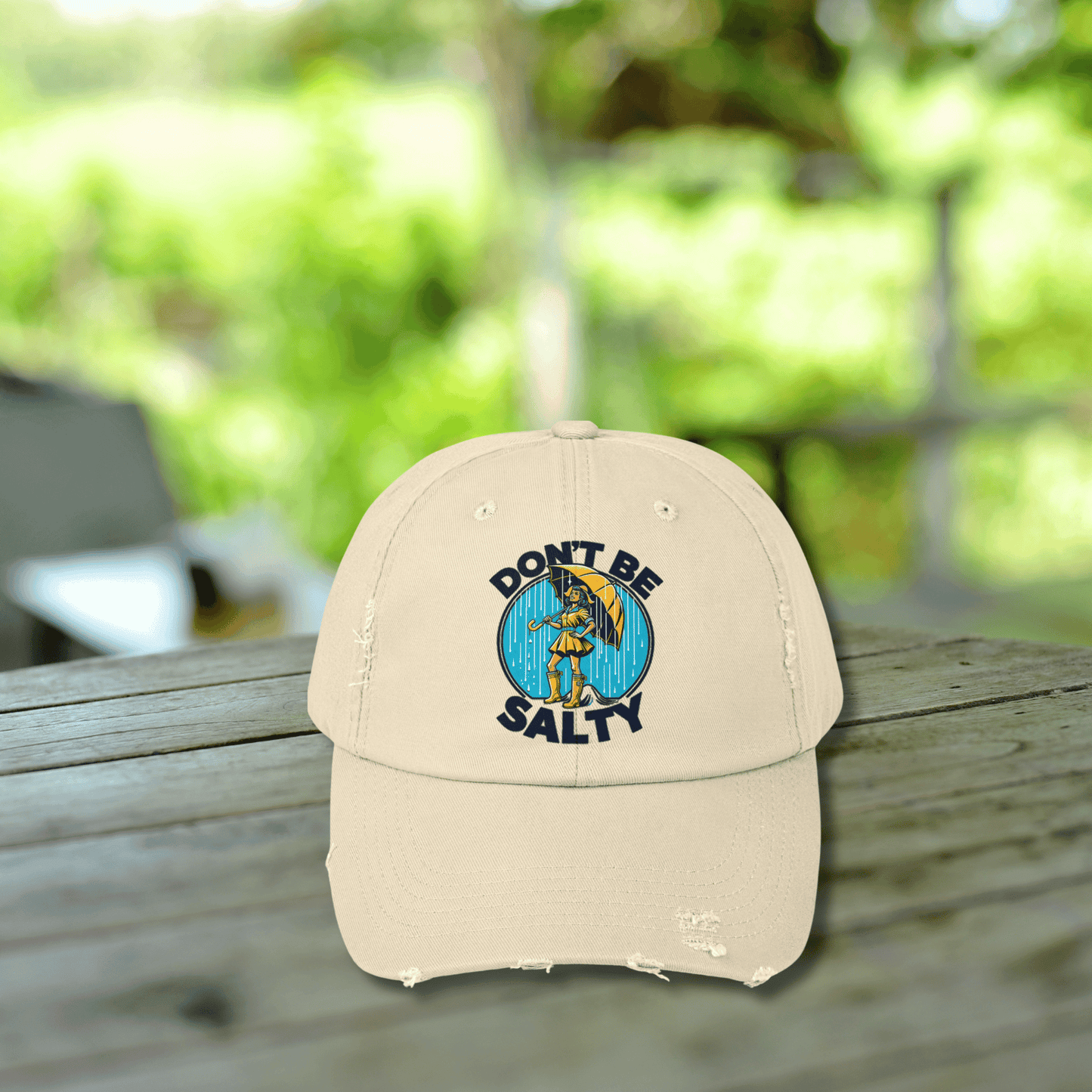 Don't Be Salty: Classic Morton's Salt Girl with Yellow Umbrella on Unisex Distressed Cap 4 Colors