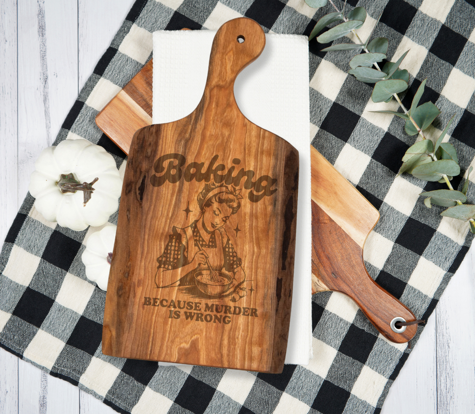 Premium Cherry Wood Live Edge Serving Board - 'Baking because murder is wrong' Design Laser Engraving