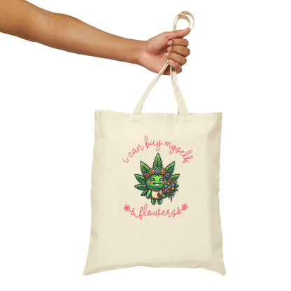 Can Buy Myself Flowers-Cannabis Mascot Tote Bag 100% Cotton Canvas Tote Bag Natural or Black 15" x 16"