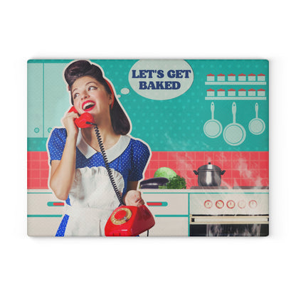 Retro 50s Housewife Cannabis Glass Cutting Board | Let's Get Baked!