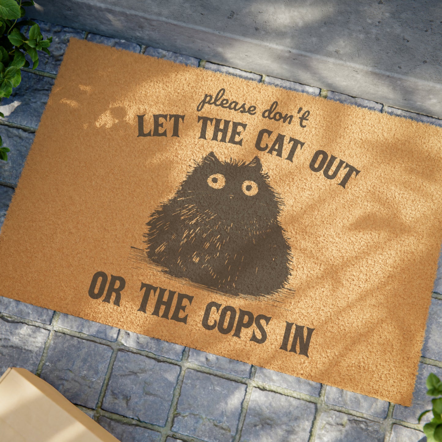 Adorable Black Cat Design Coir Door Mat - Keep Cats In, Police Out!