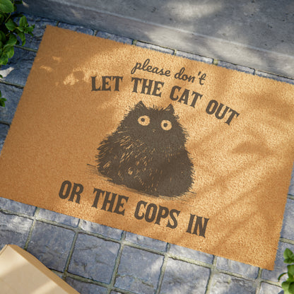 Adorable Black Cat Design Coir Door Mat - Keep Cats In, Police Out!