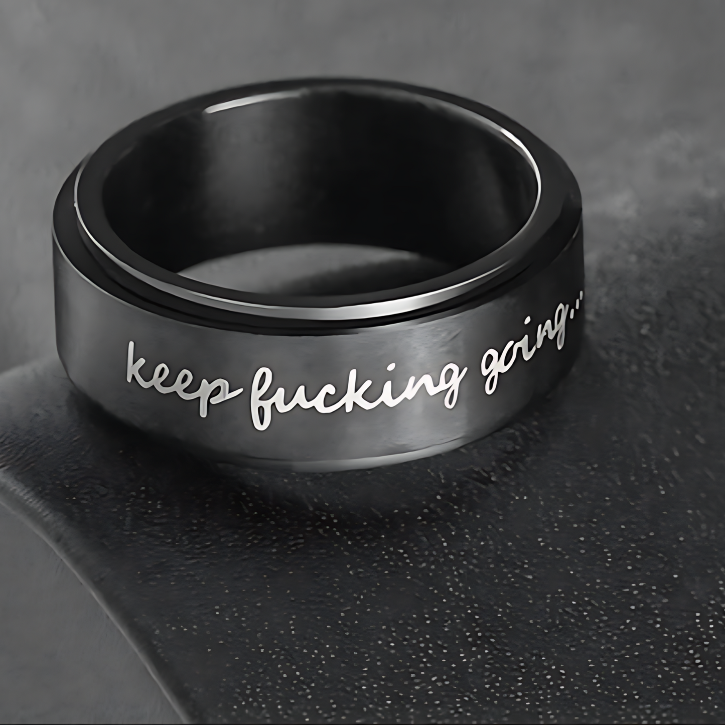 Keep Fucking Going Spinner Ring | Silver & Black Stainless Steel Anxiety Ring Includes a Novel Ring Gift Box