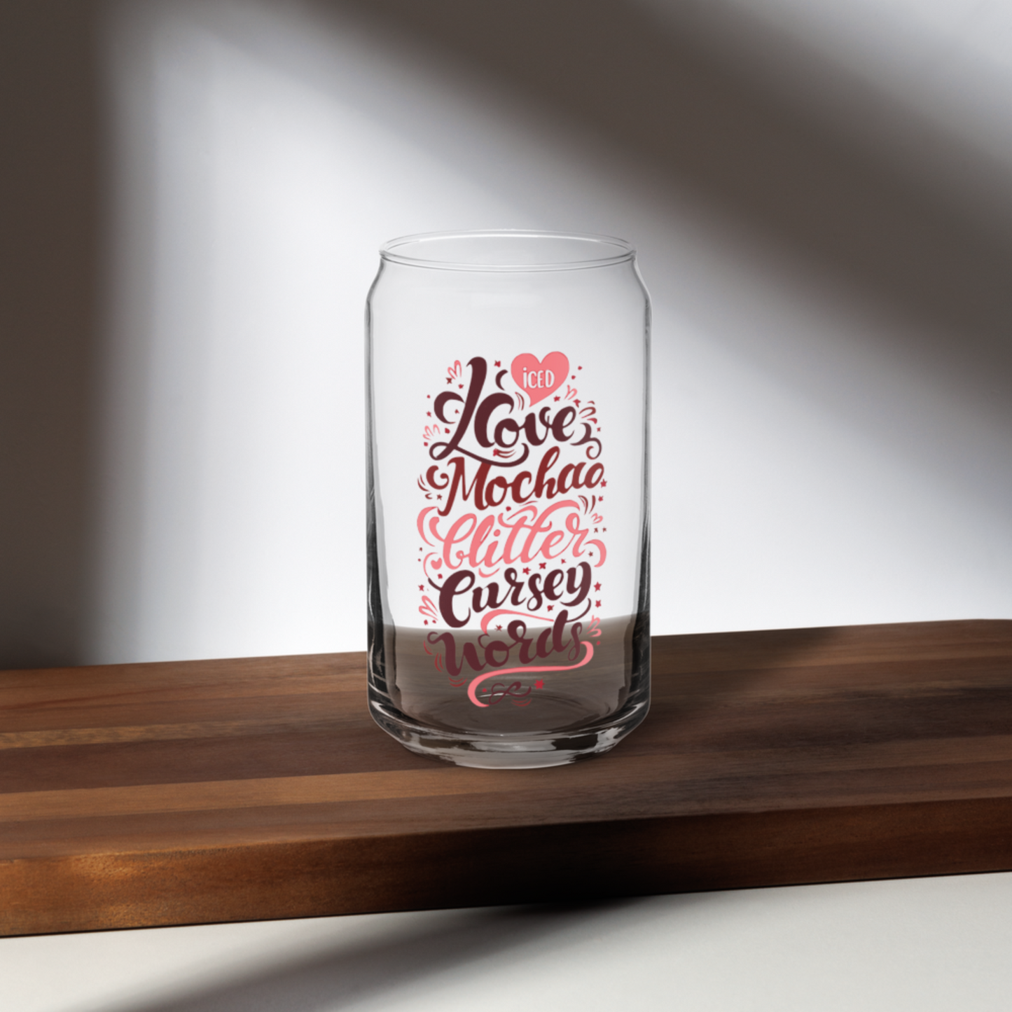 Exclusive Design 16 oz Glass Cup with Iced Mocha Love, Glitter Glam, and a Dash of Sassy Charm!