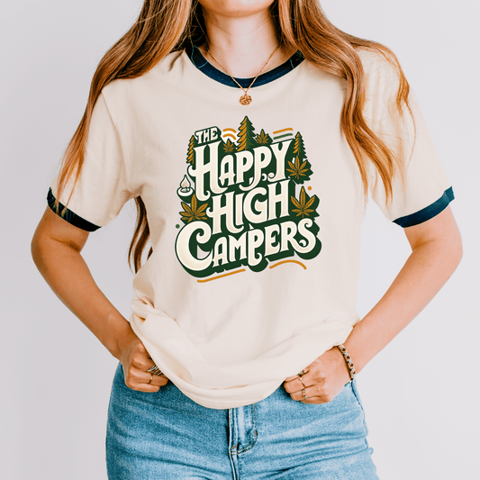 Happy High Campers Ringer T-Shirt: Retro Cannabis Camping Unisex Cotton Ringer T-Shirt