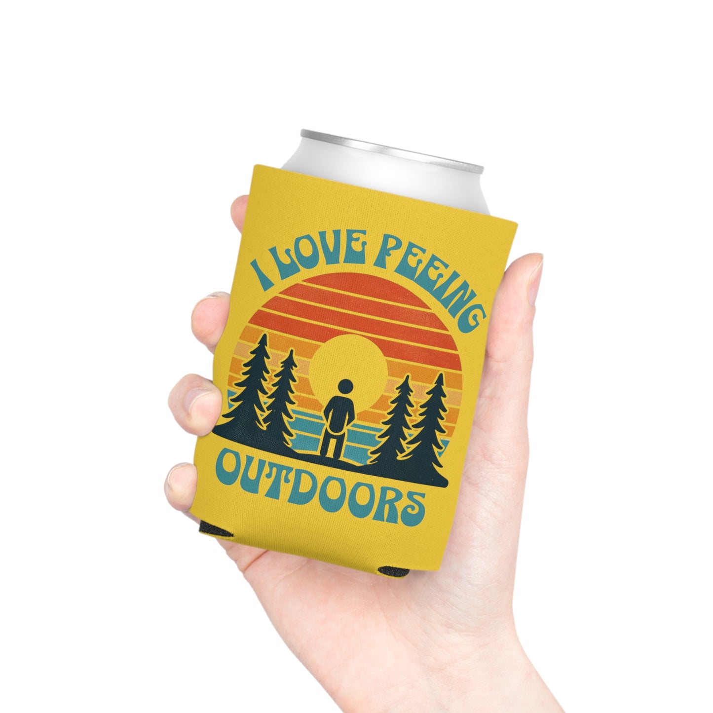 Camping 'I love peeing outdoors' Yellow Can Cooler