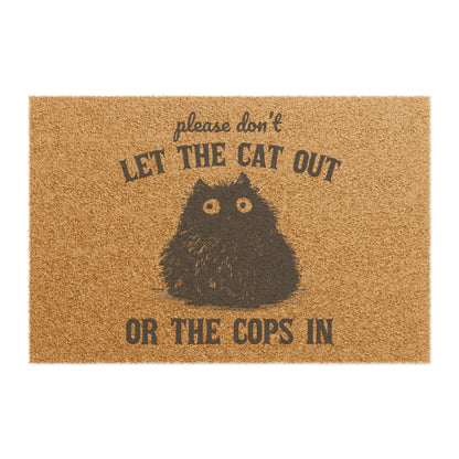 Adorable Black Cat Design Coir Door Mat - Keep Cats In, Police Out!